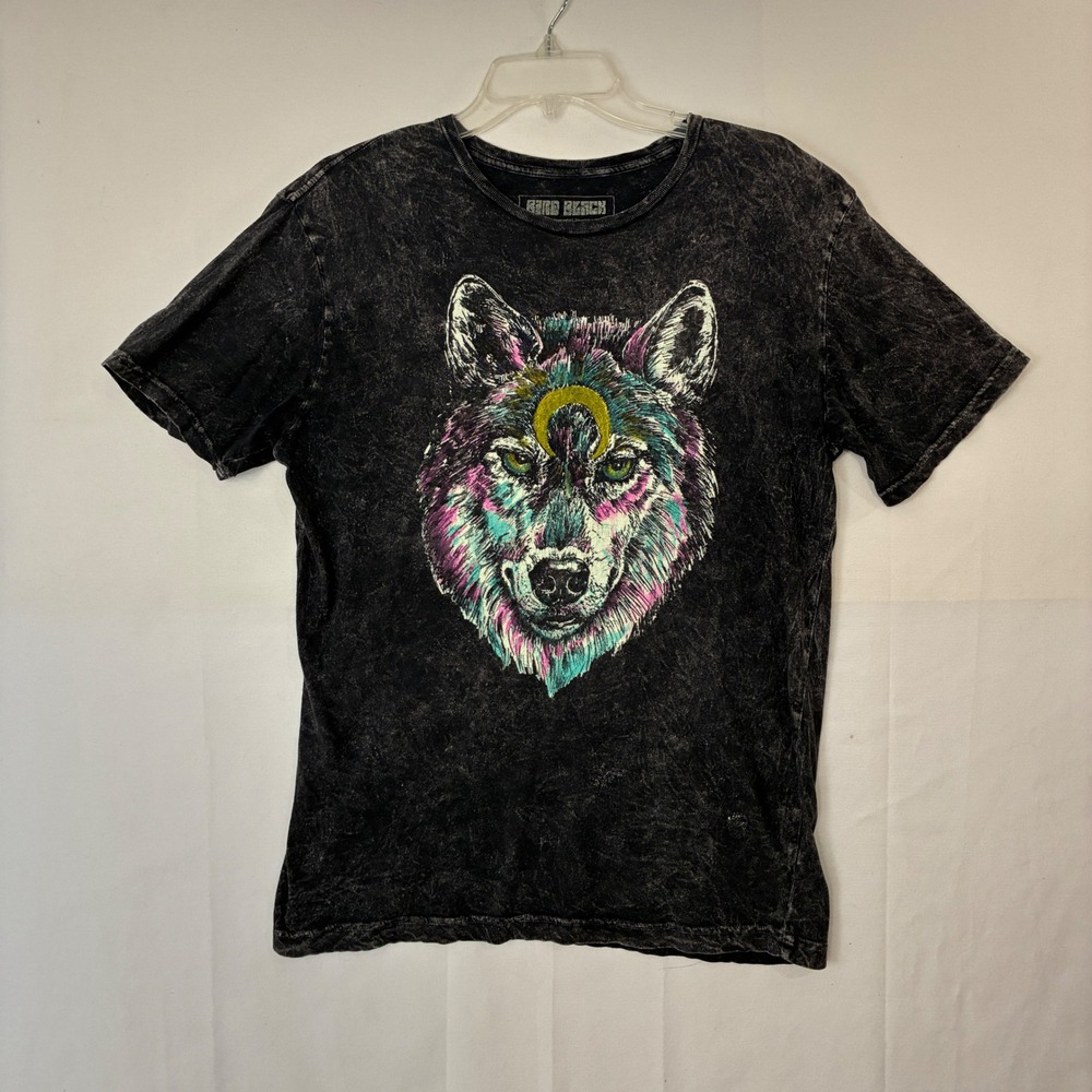 Black Wolf Graphic Bird Tee Mens Size M Black Acid Wash Psychedelicb